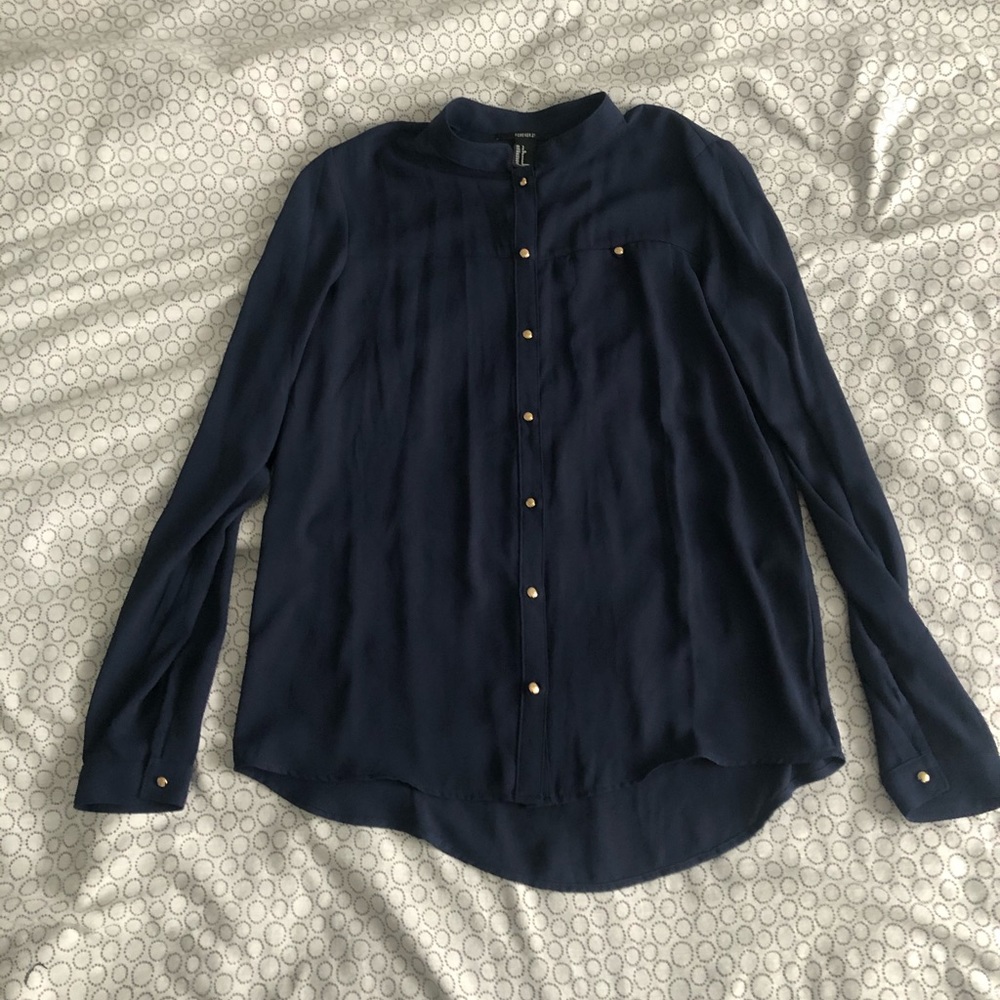 Forever 21 Dark Navy Blue Blouse Gold Buttons